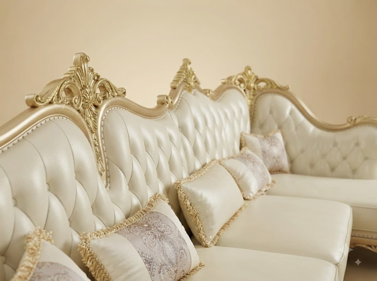 L Shape Sofa in Carved Teak - Cream Buttoned Back with Chaise - Image 2