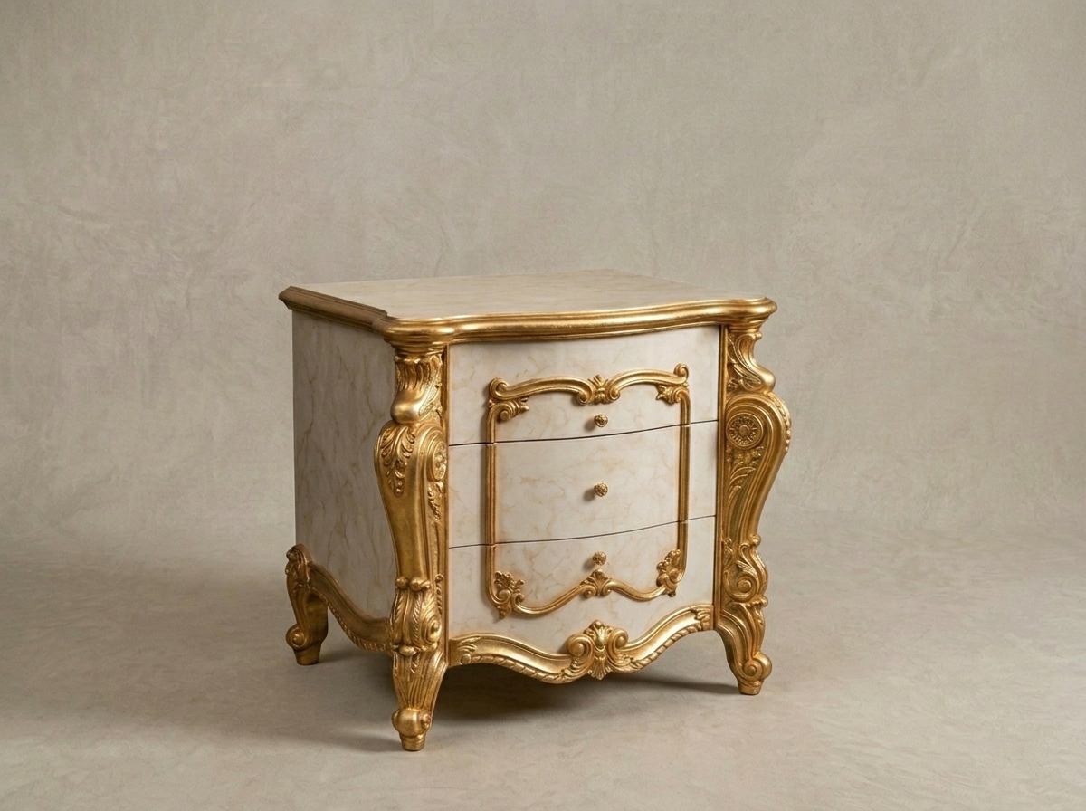 Luxury Baroque Hand Carved Bedside Table | Tricolour White Brown Gold Ornate Solid Wood Royal Nightstand with Storage