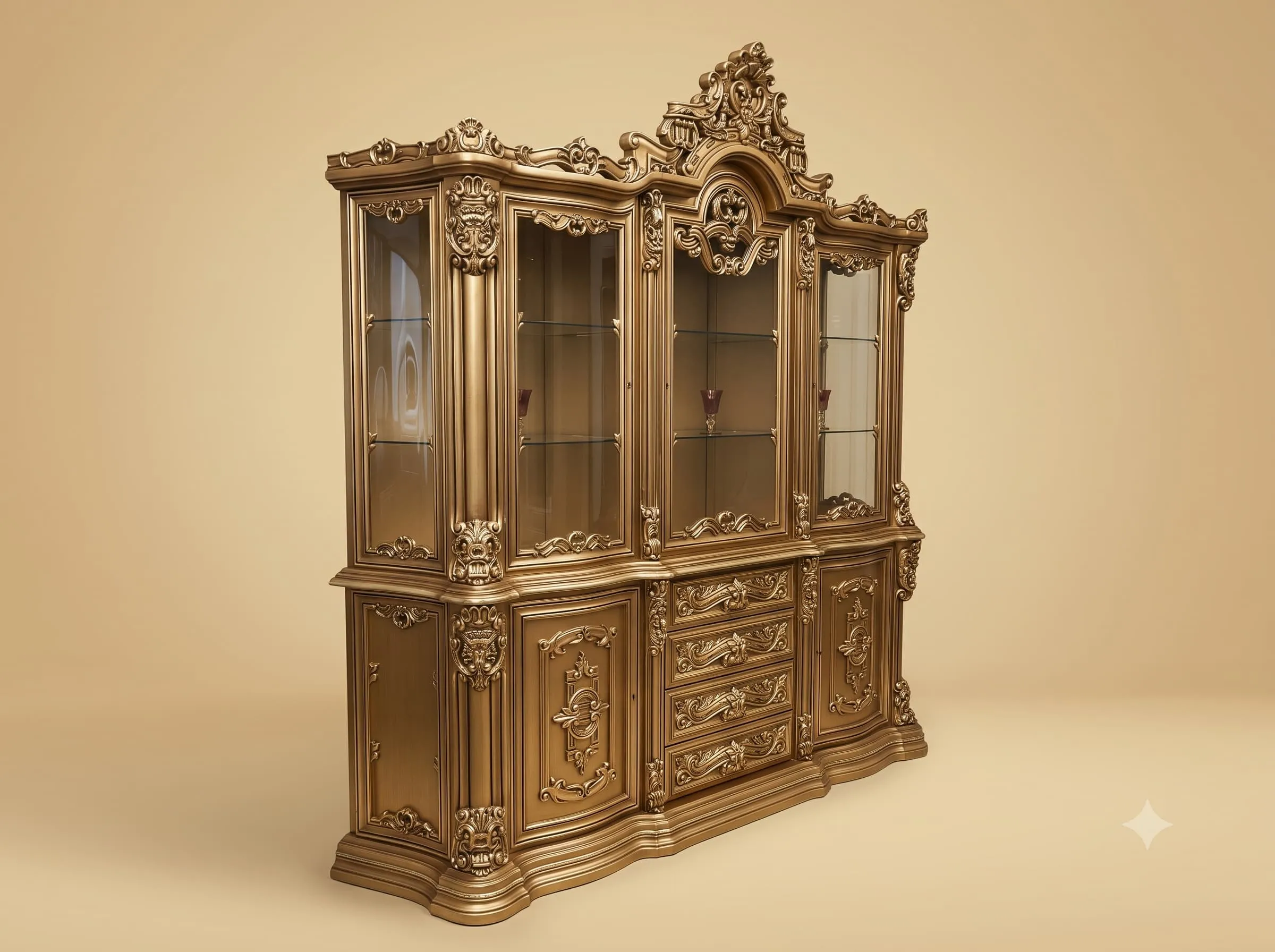 Crockery Almirah in Carved Teak with Glazed Top and Drawer Stack