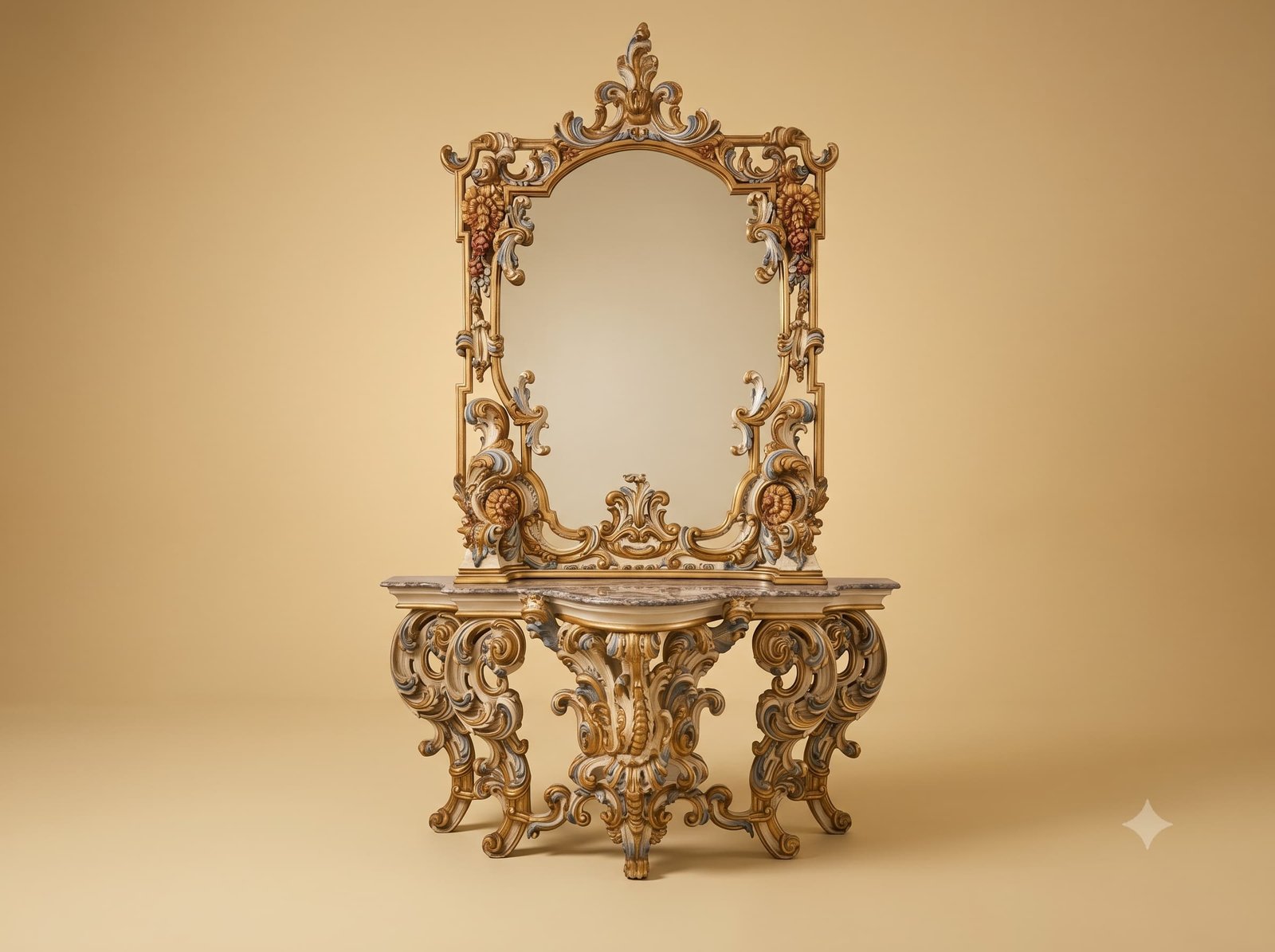 White Console Table in Carved Teak with Painted Gilded Mirror
