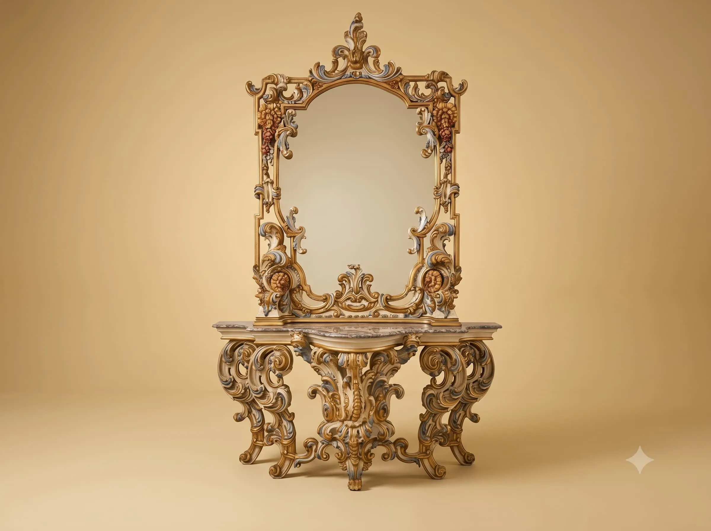 White Console Table in Carved Teak with Painted Gilded Mirror