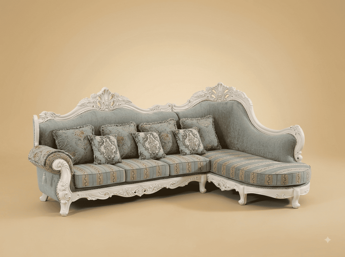 Chaise Lounge Sofa in Carved Teak - White Frame in Duck Egg Blue - Image 1