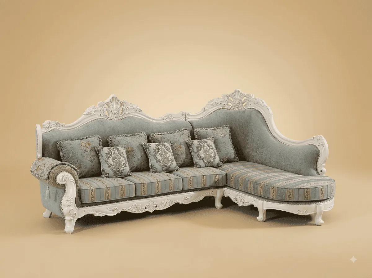 Chaise Lounge Sofa in Carved Teak - White Frame in Duck Egg Blue