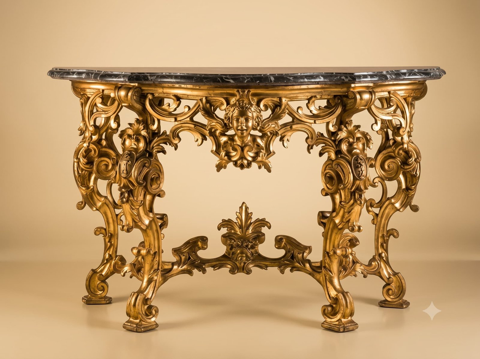 Luxury Console Table in Gilded Teak with Carved Mask Apron