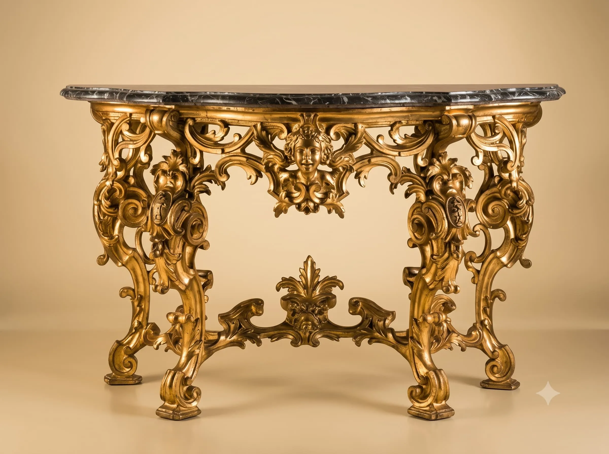Luxury Console Table in Gilded Teak with Carved Mask Apron