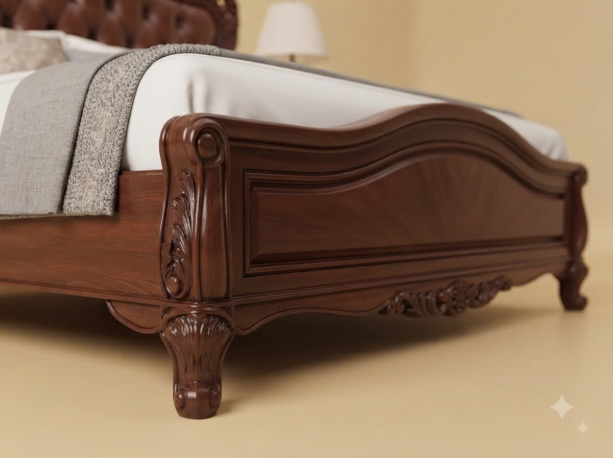 Leather Bed in Solid Teak - King Size with Tan Buttoned Headboard - Image 2