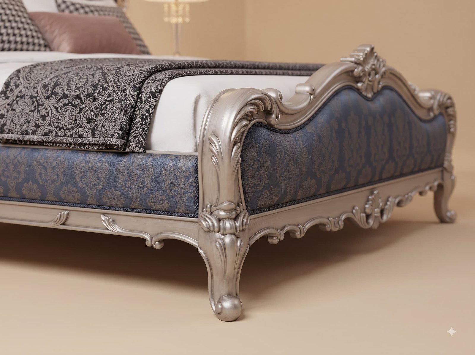 Blue Upholstered King Size Bed in Teak - Silver Carved Damask Frame - Image 2