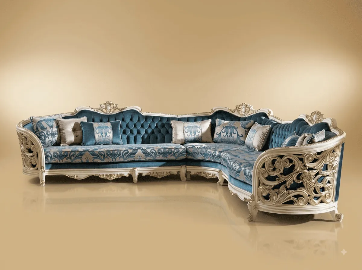 Blue Velvet Sofa in Carved Teak - White Frame with Fretwork Arms