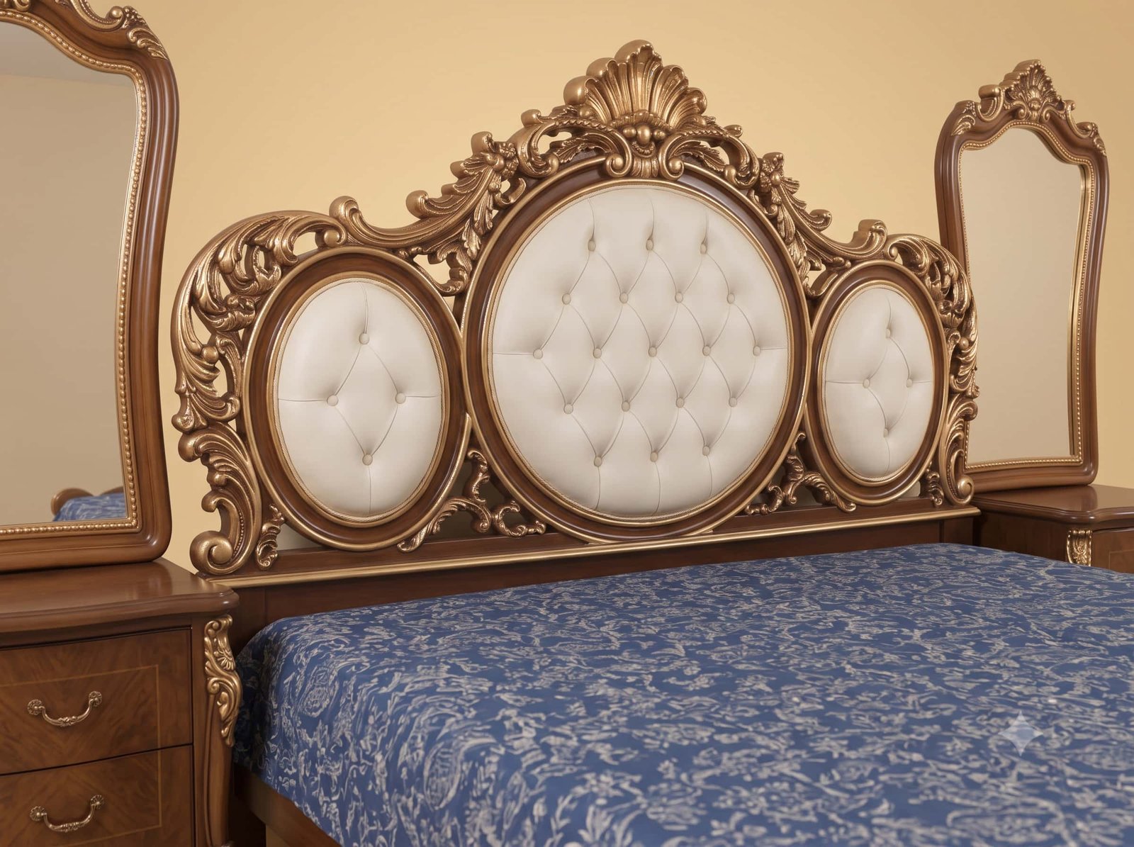 Bed with Oval Tufted Headboard in Carved Teak - Brown and Gold Set - Image 2