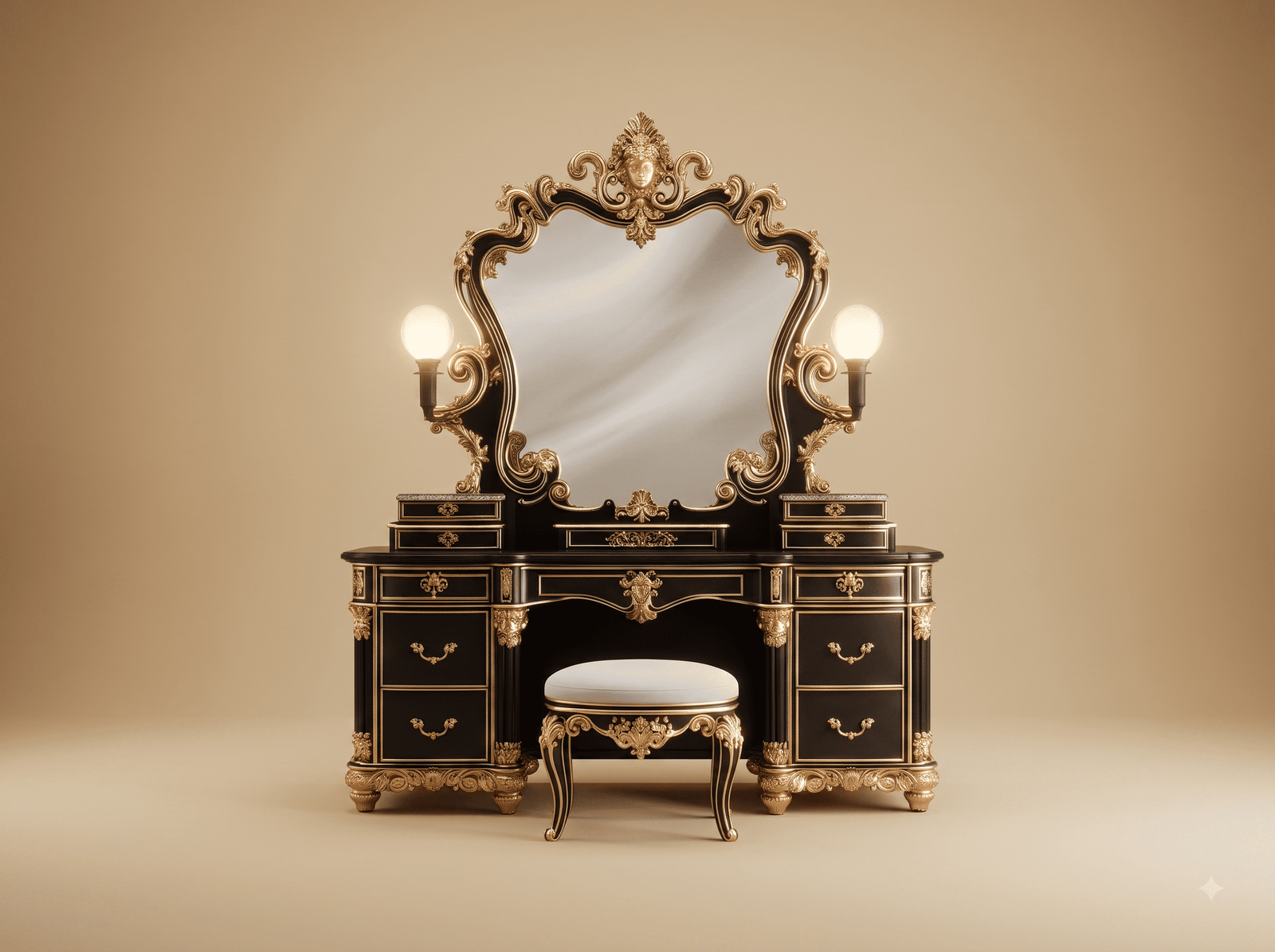 Black Dressing Table in Carved Teak - Ebony and Gold with Mirror Lamps