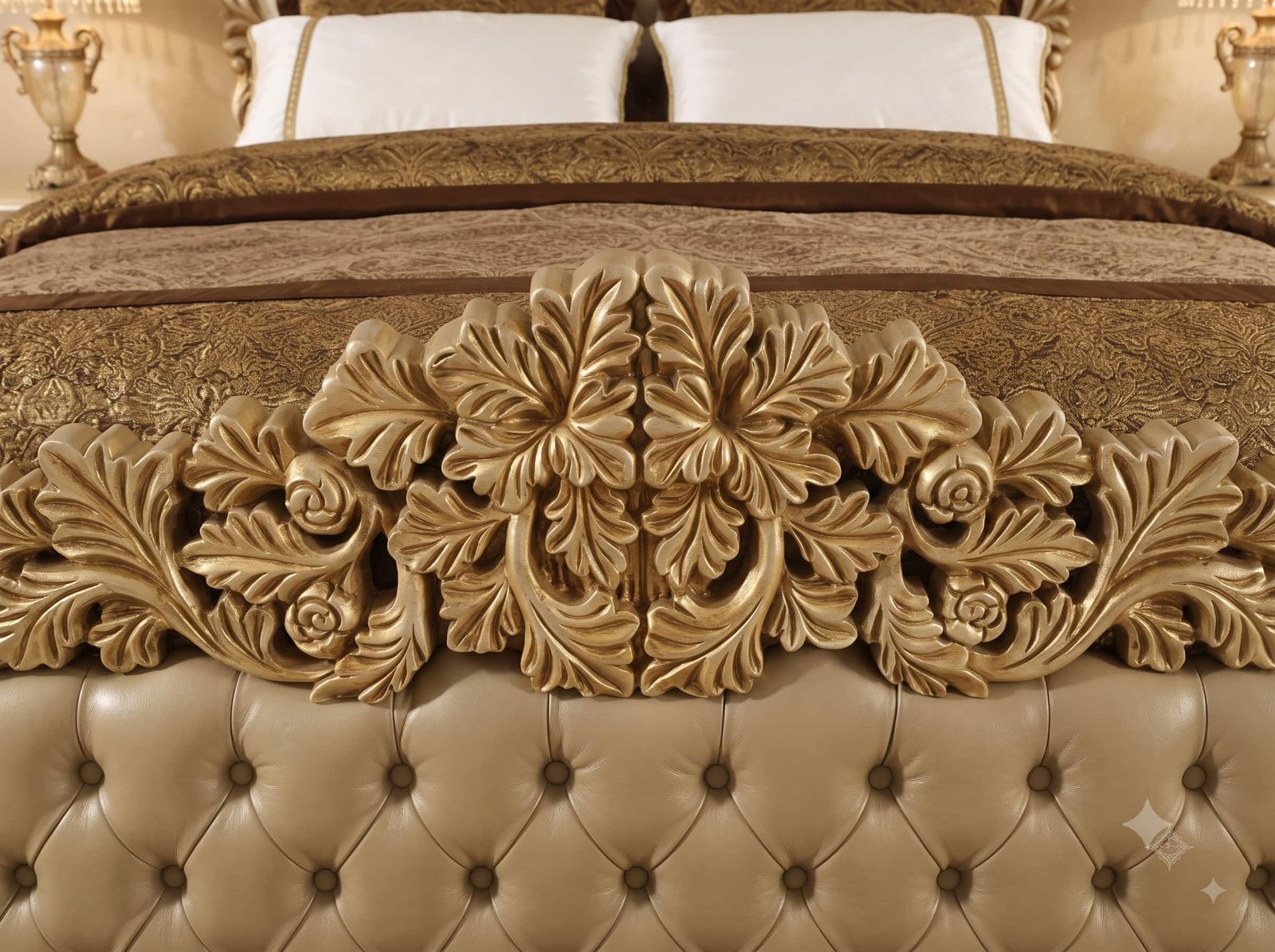 Carved Bed Design in Teak - Champagne with Leaf Garland Footboard - Image 2