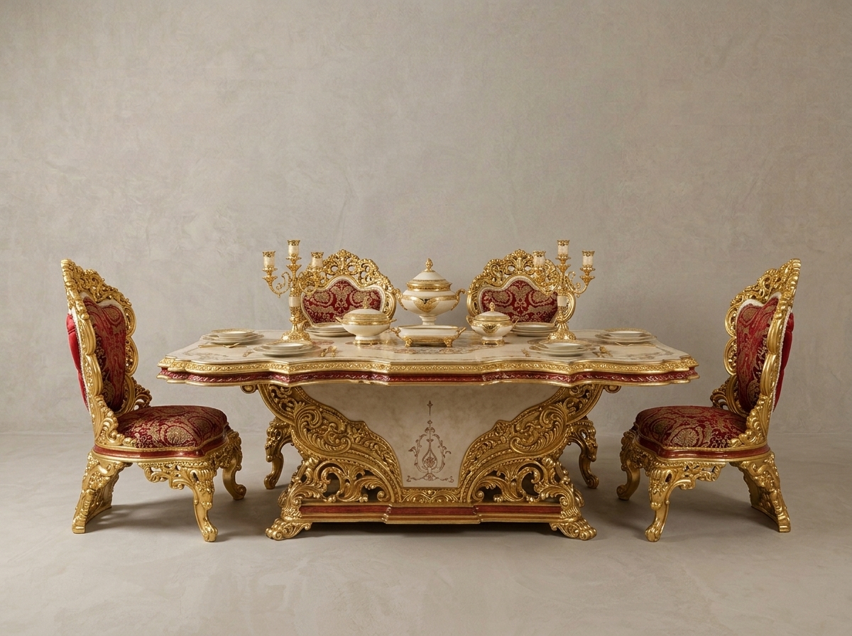 Red and Gold Royal Dining Table Set – Hand-Carved Teak Wood, 6-Seater