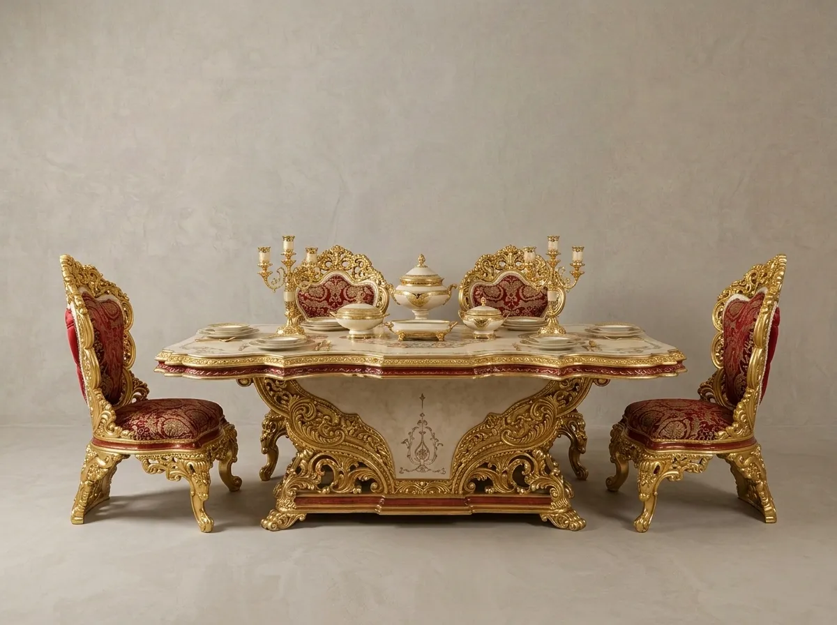 Red and Gold Royal Dining Table Set – Hand-Carved Teak Wood, 6-Seater