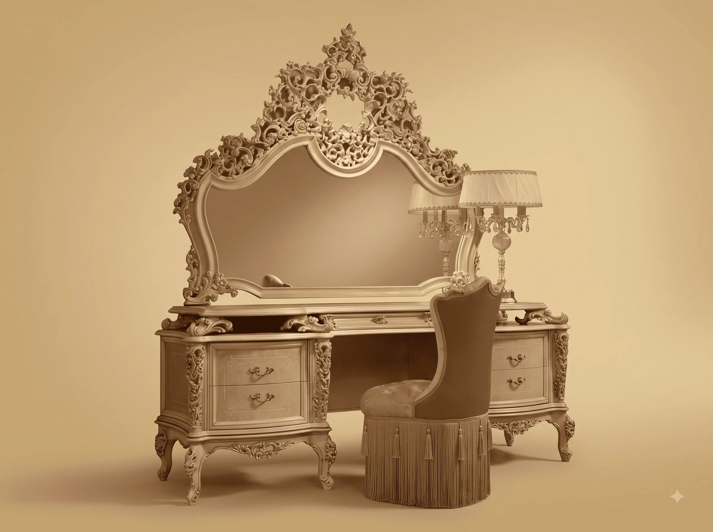 Dressing Table with Chair in Carved Teak - Ivory with Pierced Crest