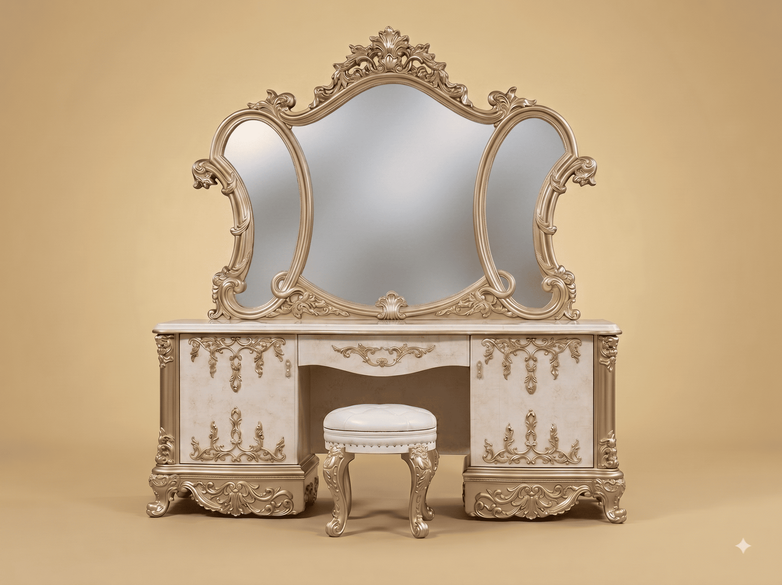Triple Mirror Dressing Table in Carved Teak - Champagne with Drapery Carving - Image 1