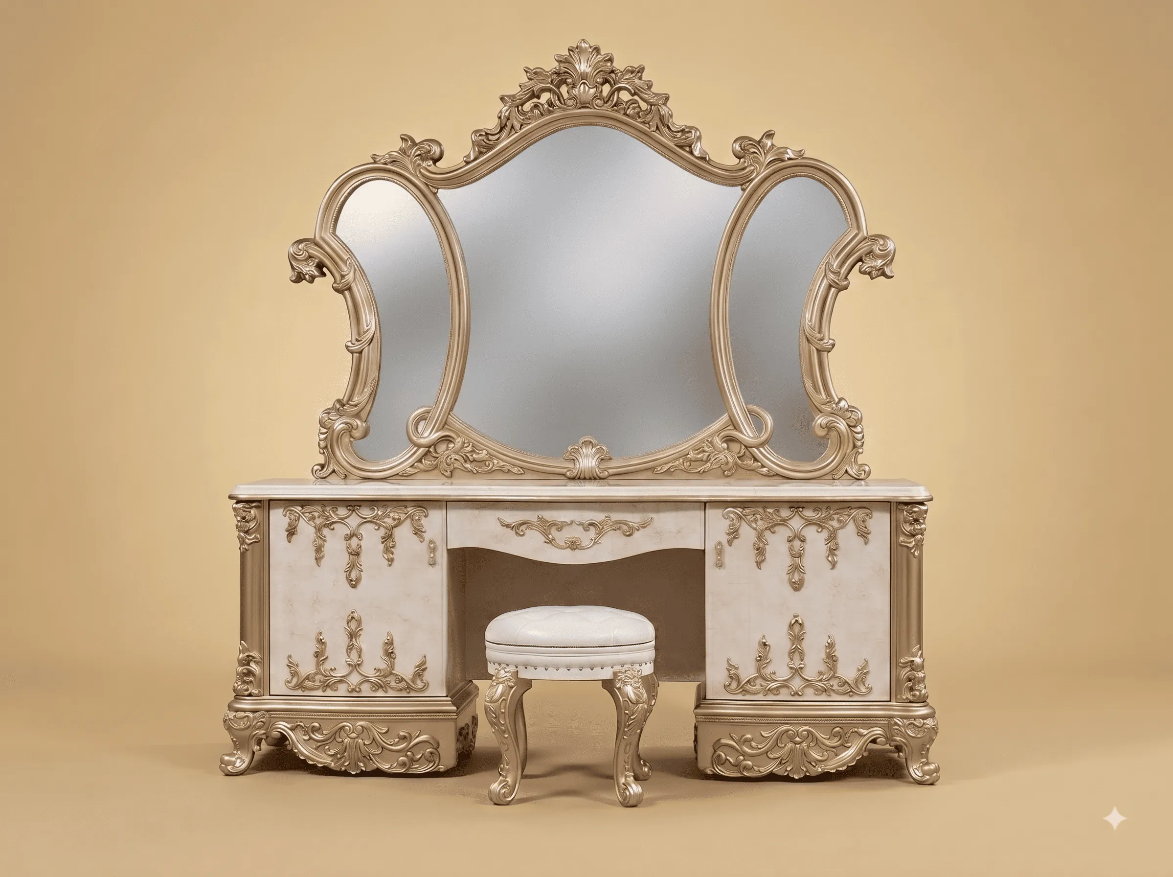 Triple Mirror Dressing Table in Carved Teak - Champagne with Drapery Carving