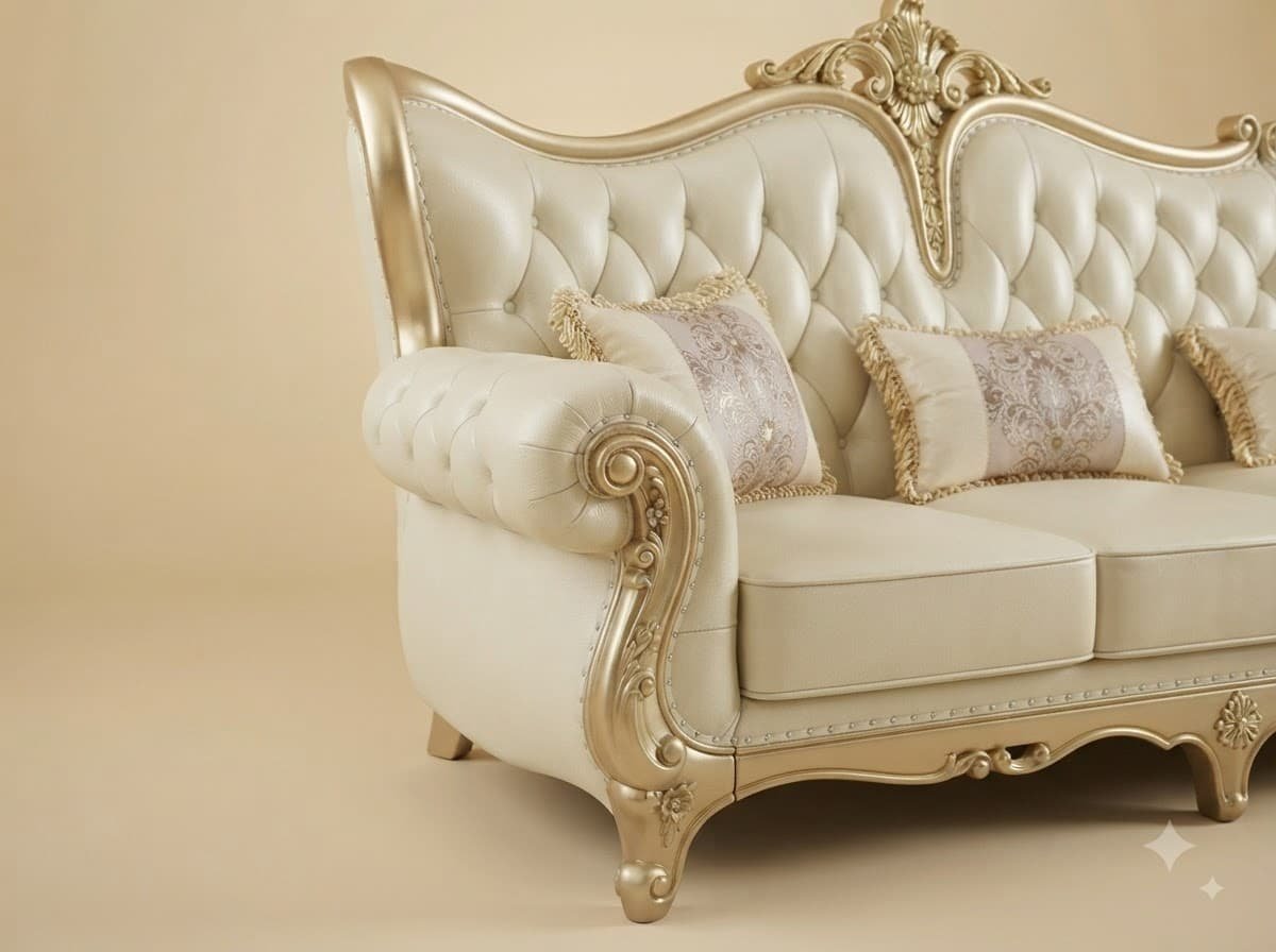 L Shape Sofa in Carved Teak - Cream Buttoned Back with Chaise - Image 3