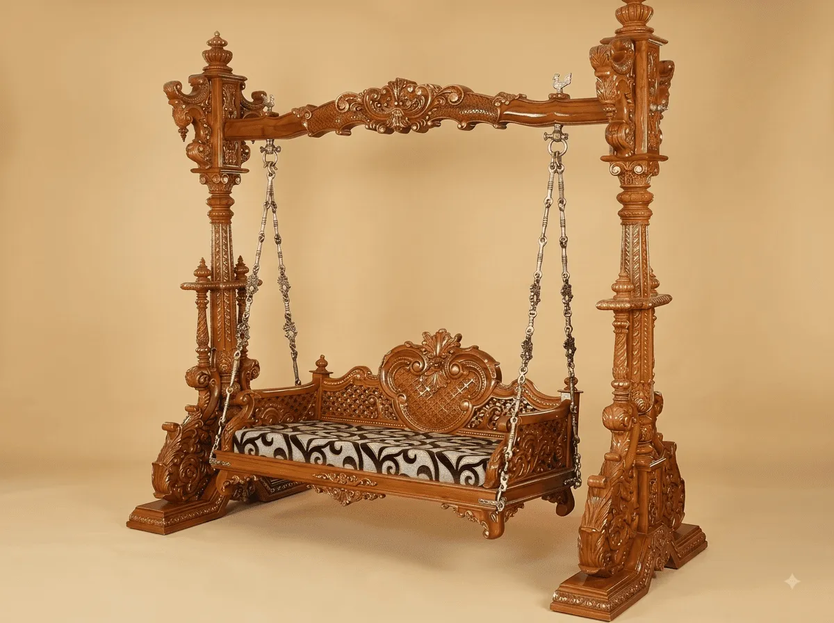 Teak Wood Swing for Home - Carved Jhula with Straight Beam Stand