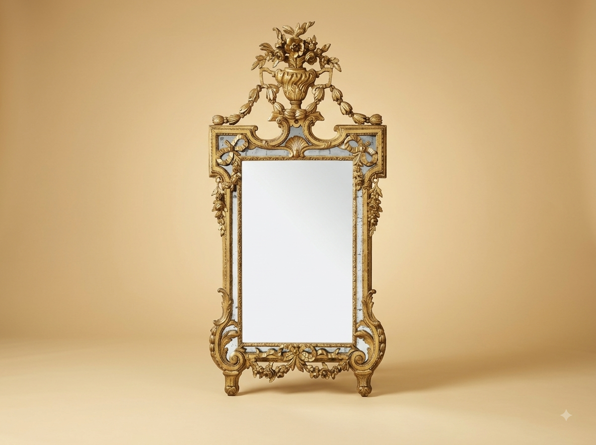 Hand-Carved Teak Wood Louis XVI Mirror | Gold Urn Crest with Marginal Panels