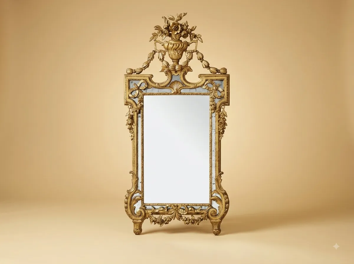 Hand-Carved Teak Wood Louis XVI Mirror | Gold Urn Crest with Marginal Panels