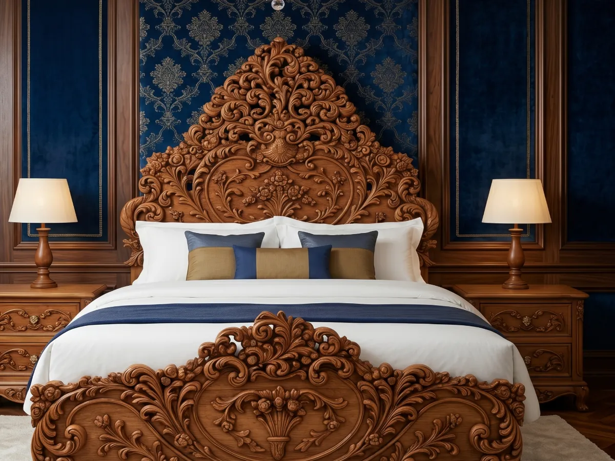 Heritage Hand-Carved Solid Teak Wood Bedroom Set in Natural Walnut Brown Finish Featuring Pyramid-Form Headboard with Peacock & Floral Scrollwork, Ornate Carved Footboard Medallion & Matching Nightstands
