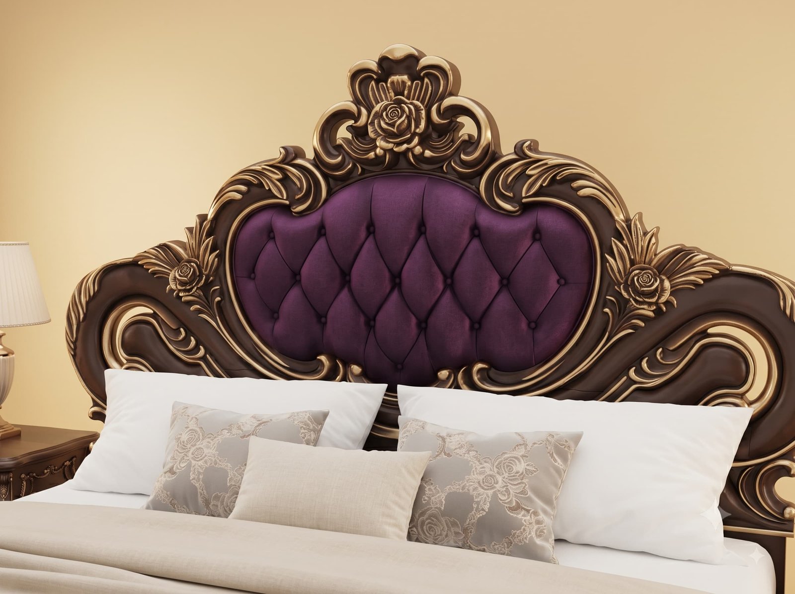 Plum Bed Design in Carved Teak - Dark Chocolate Frame with Gold Edges - Image 2