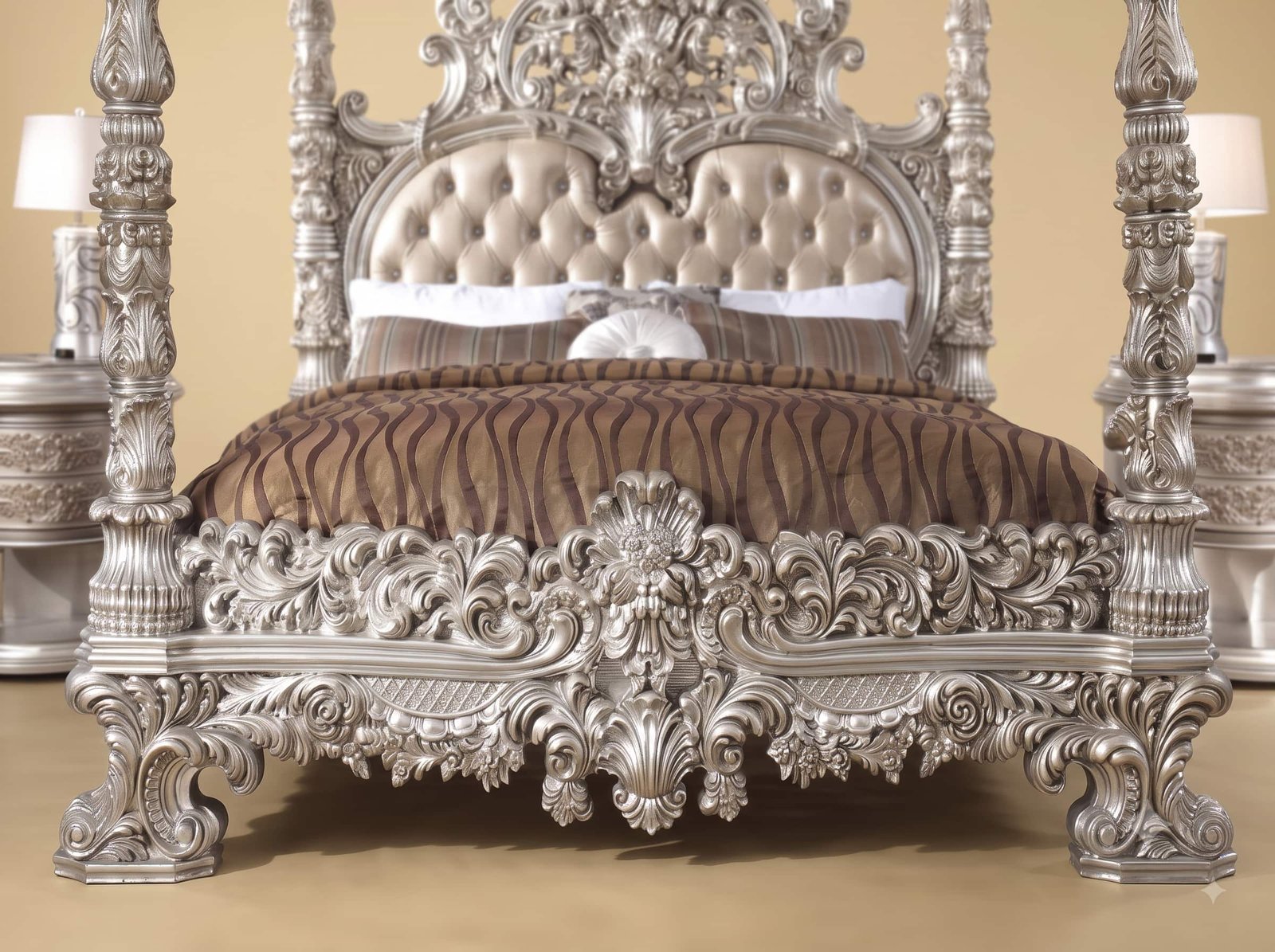 Four Poster Bed in Carved Teak - Silver Finish with Tufted Headboard - Image 3