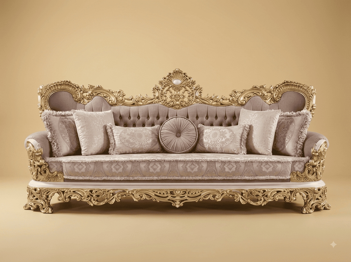 Royal Luxury Handcrafted Carved Teak Sofa | Champagne and Taupe Wide Seat