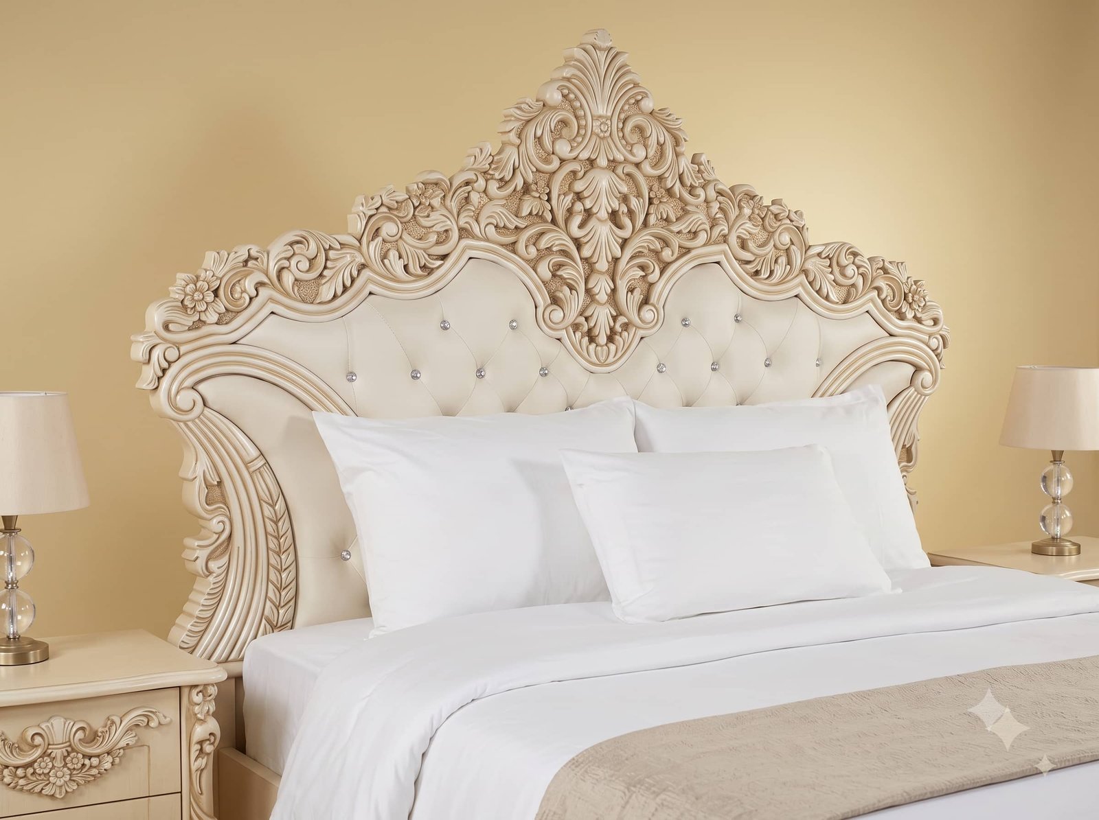 Antique White Bed in Carved Teak - Crystal Tufted Head and Footboard - Image 2