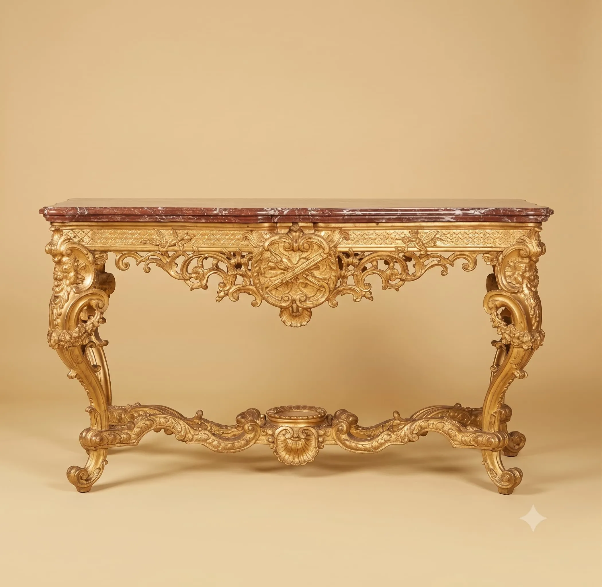 Marble Top Console Table in Gilded Teak with Pierced Apron