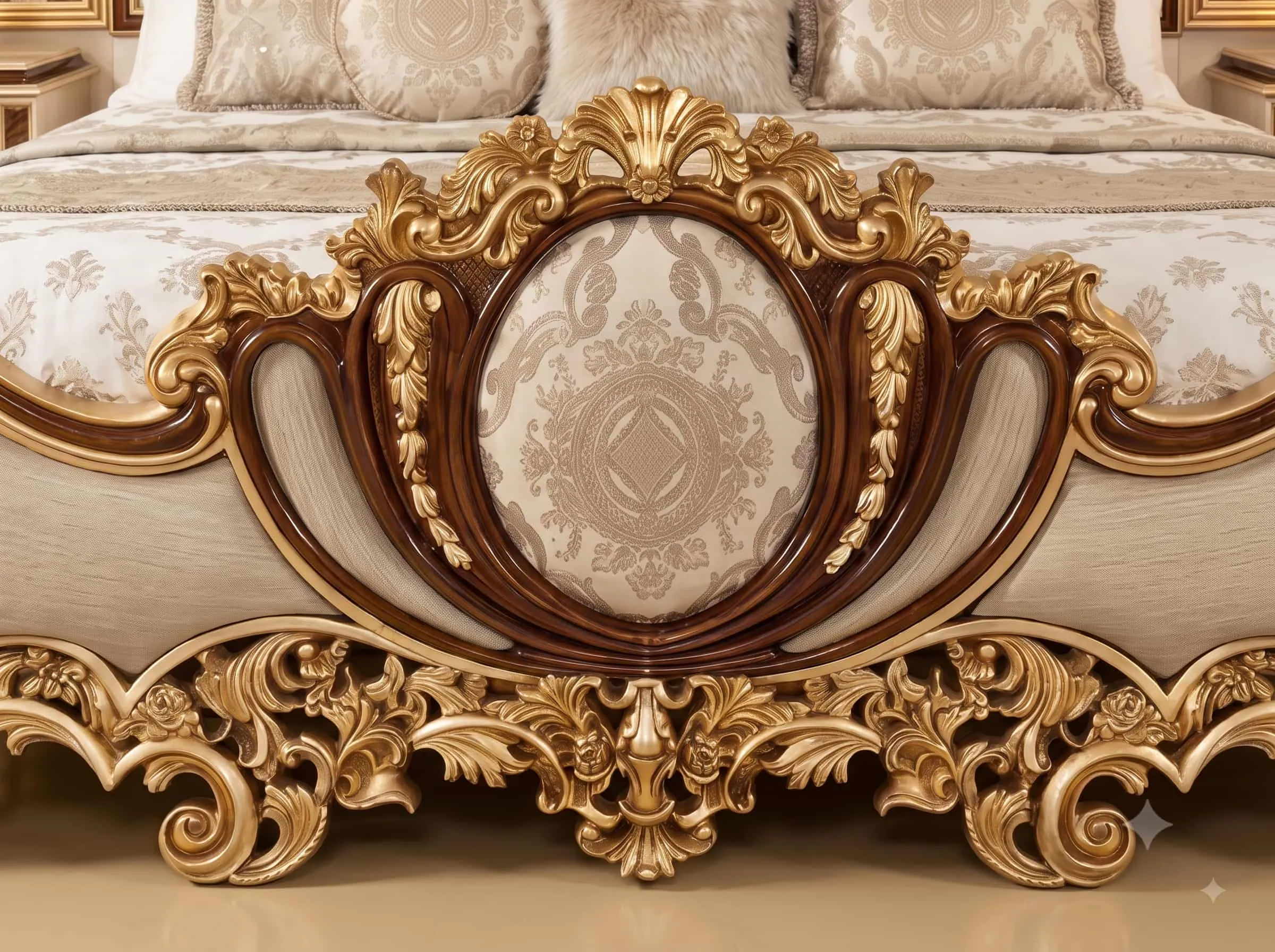 Wide Headboard Bed in Carved Teak - Gold and Rosewood Bedroom Set