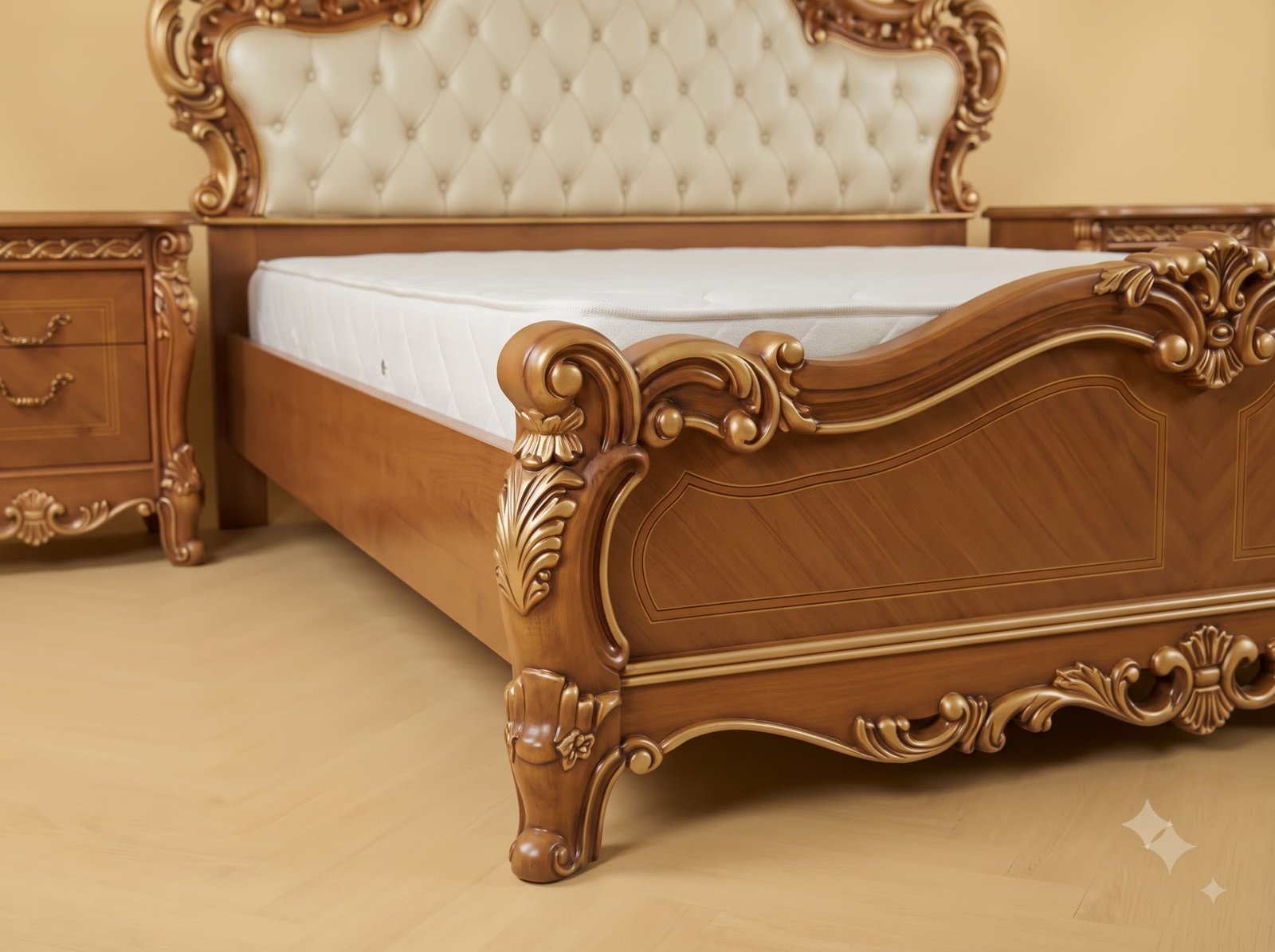 Wooden Bed with Cushion Headboard in Teak - Honey Finish with Gold - Image 3