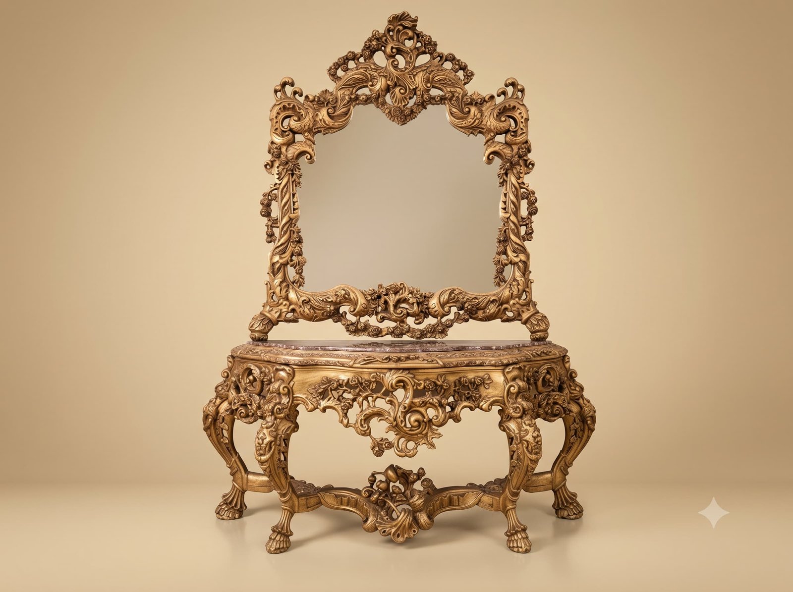 Teak Wood Console Table with Carved Mirror and Paw Feet