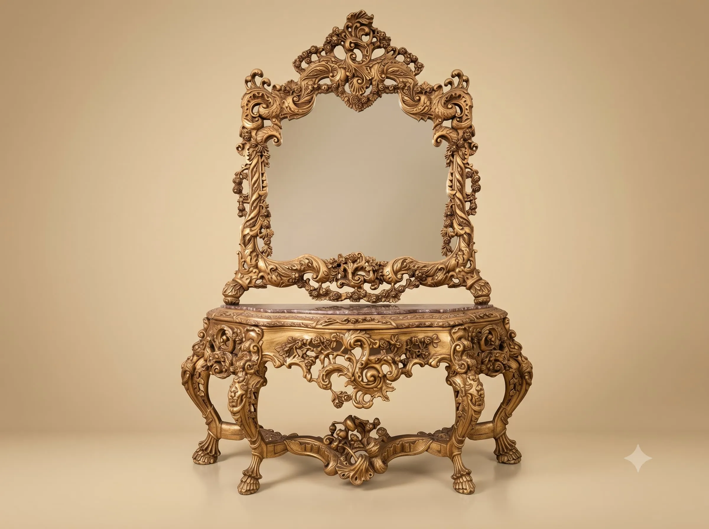 Teak Wood Console Table with Carved Mirror and Paw Feet