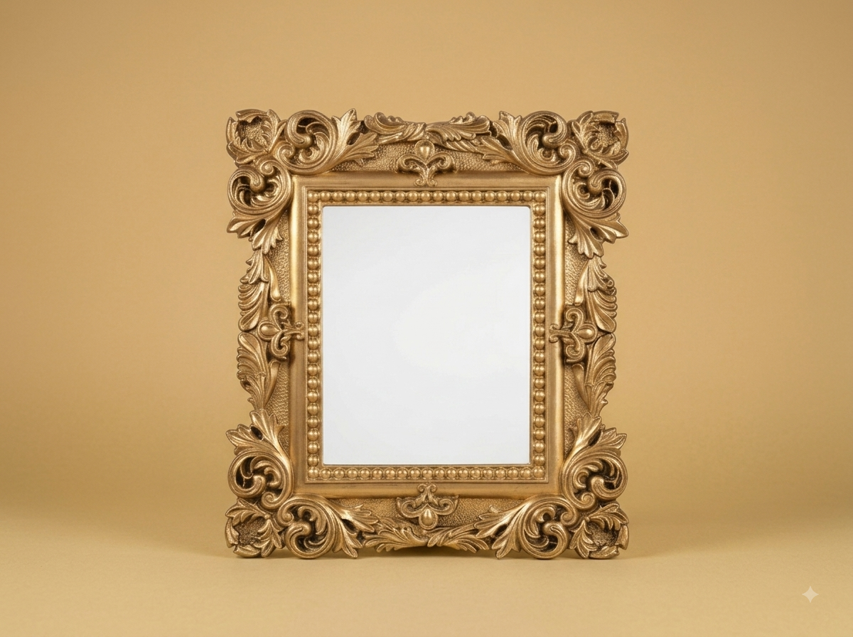 Hand-Carved Teak Wood Square Wall Mirror | Gold Corner Acanthus Beaded Frame - Image 1
