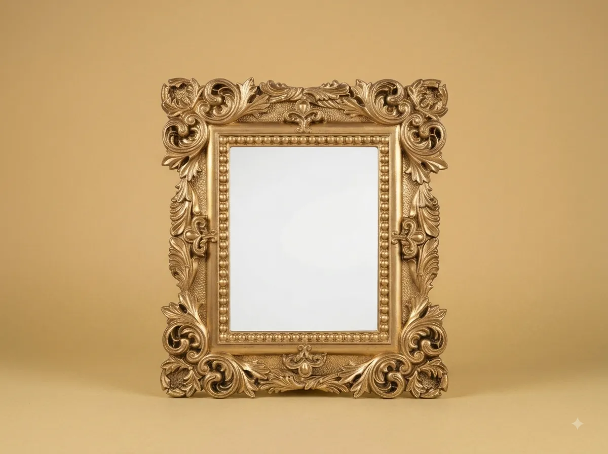 Hand-Carved Teak Wood Square Wall Mirror | Gold Corner Acanthus Beaded Frame