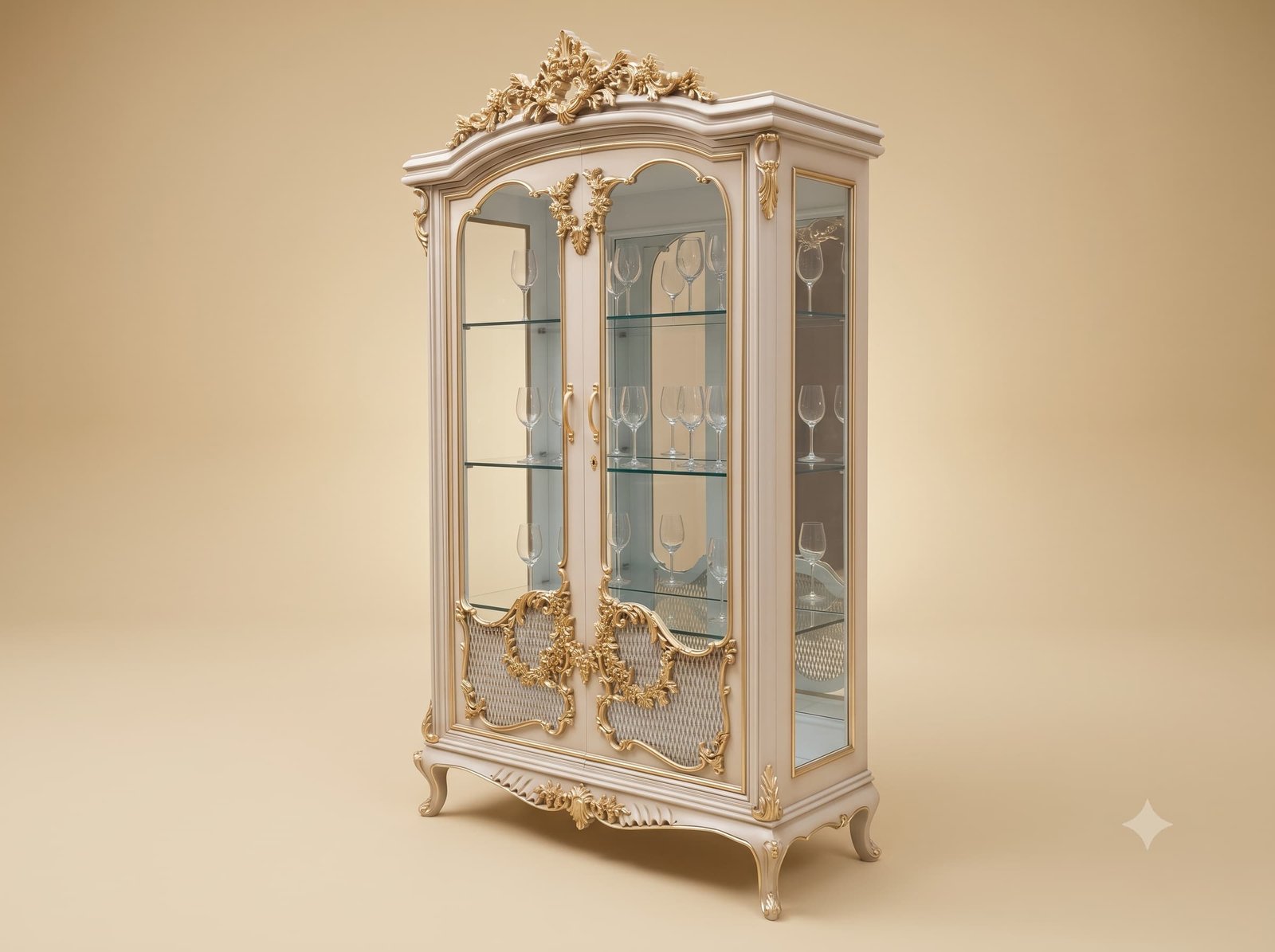 Two Door Showcase in Carved Teak with Mesh Panels and Glass Shelves