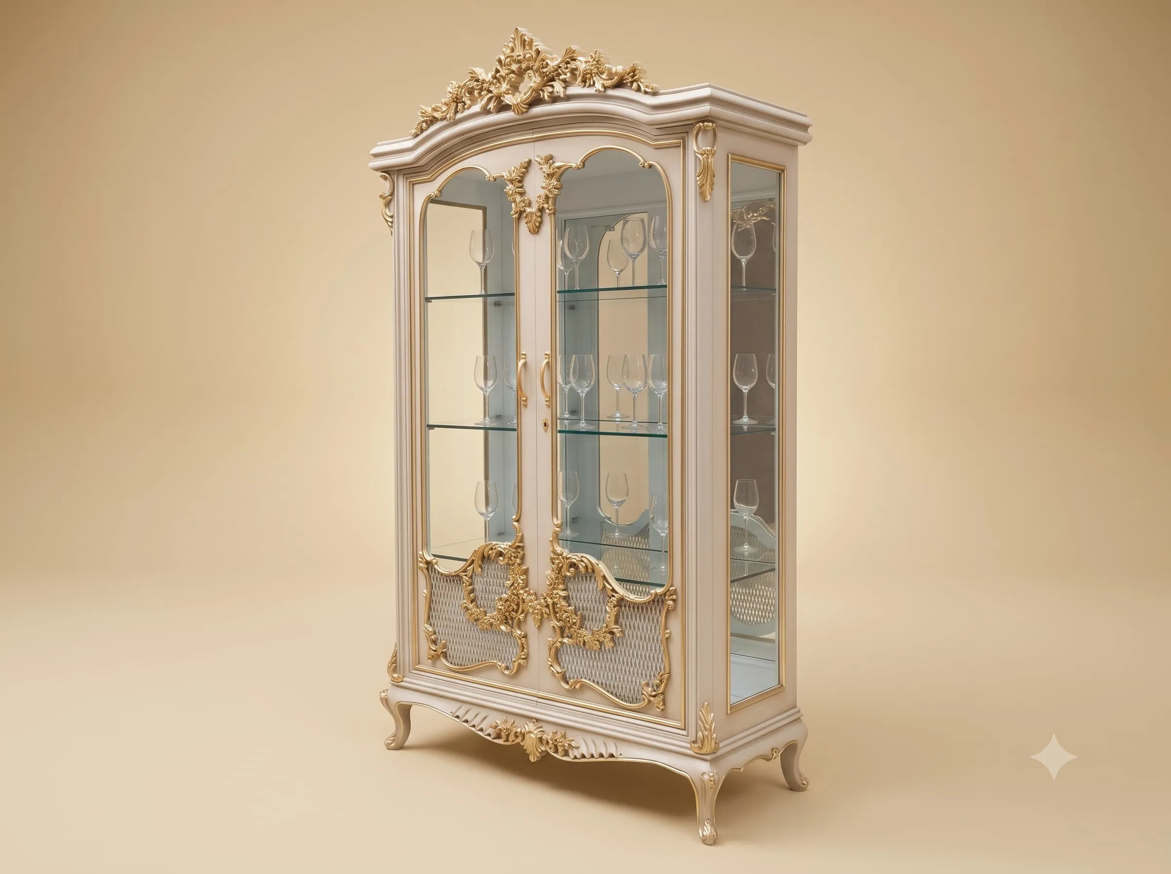 Two Door Showcase in Carved Teak with Mesh Panels and Glass Shelves
