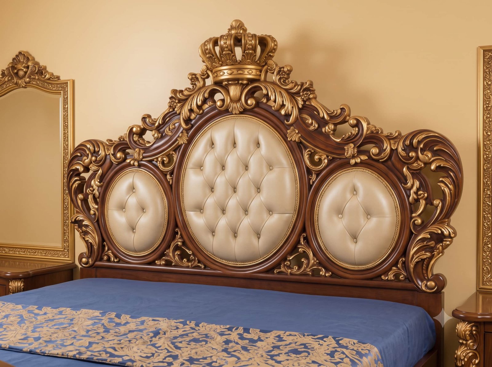 Royal Bed Design in Carved Teak - Gilded Crown and Tufted Ovals - Image 4