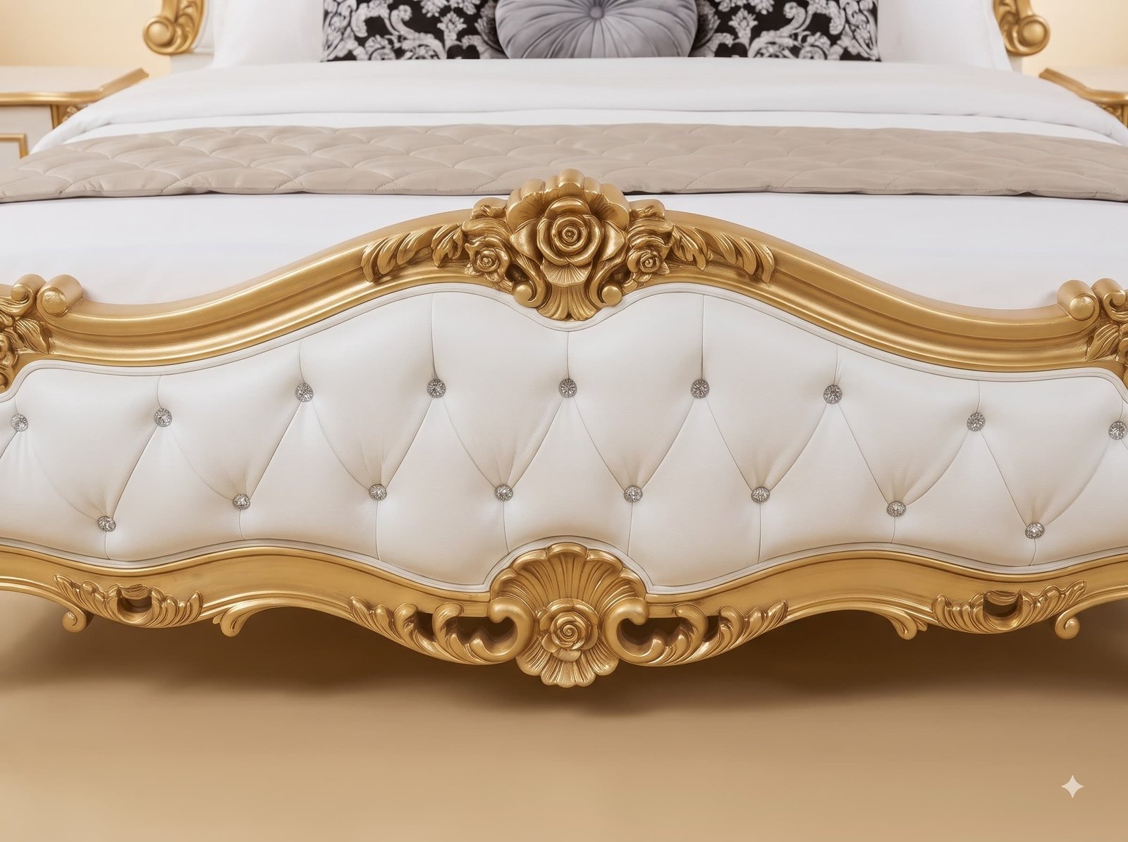 White and Gold King Size Bed - Carved Teak Rose Crest, Crystal Tufted - Image 3