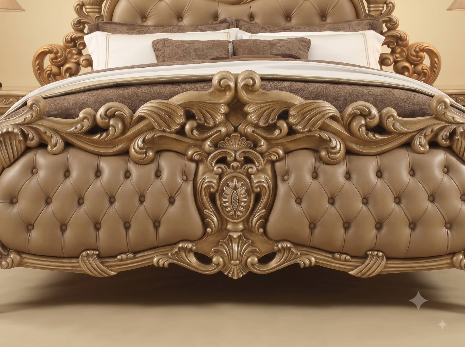 King Bed Design in Carved Teak - Taupe Leather and Pierced Crest - Image 3
