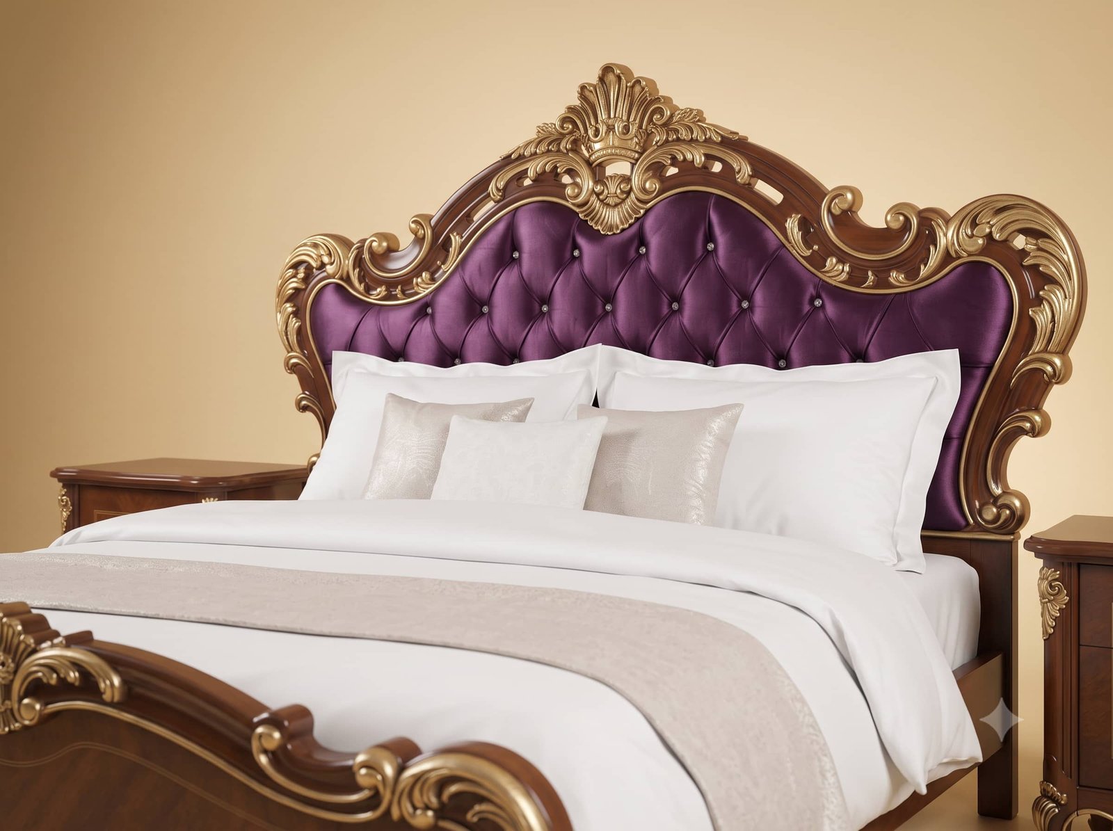 Queen Size Bed in Carved Teak - Purple Velvet Buttoned Headboard - Image 4