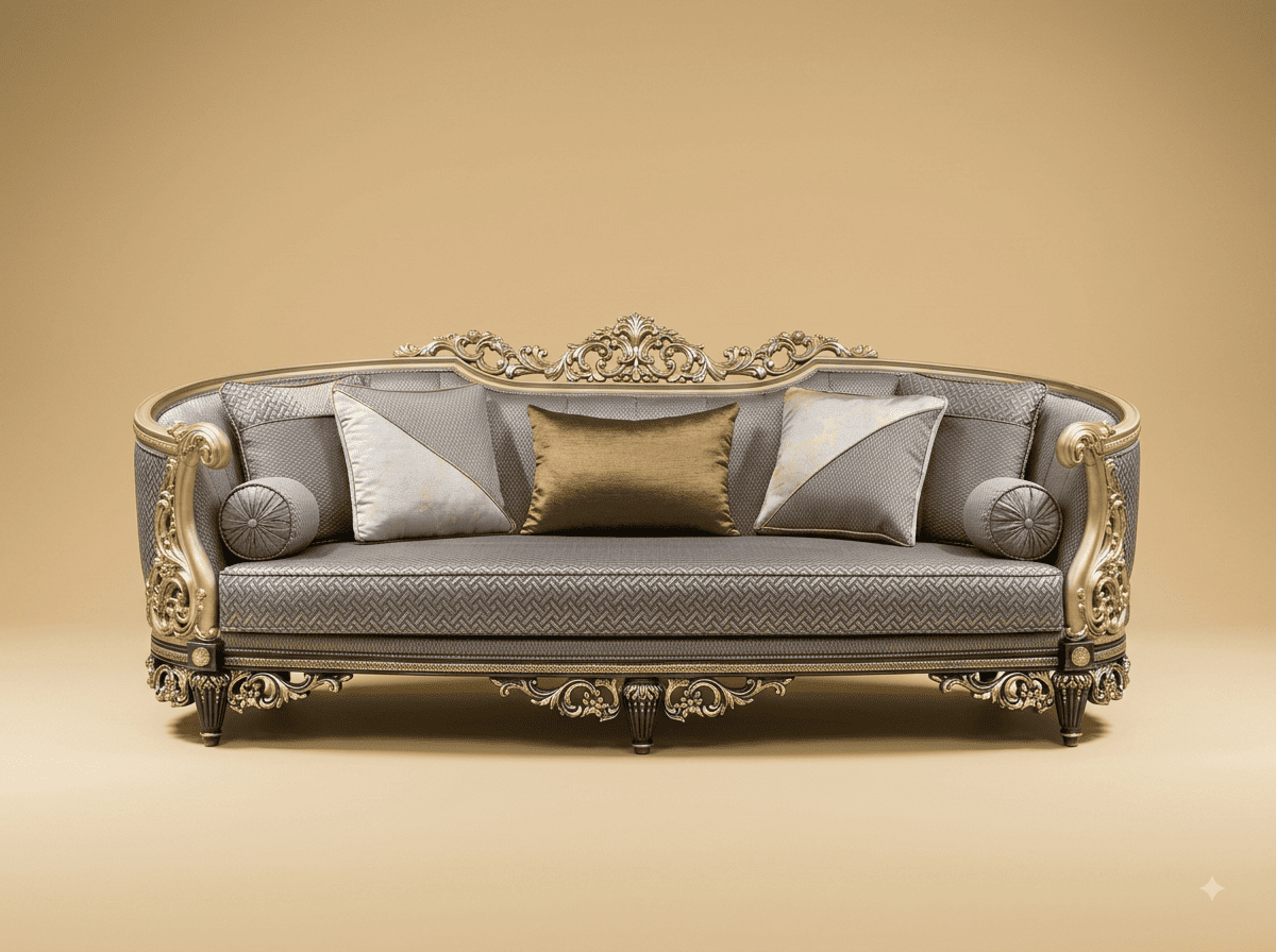 Royal Luxury Handcrafted Carved Teak Tub Sofa | Silver Grey and Gold