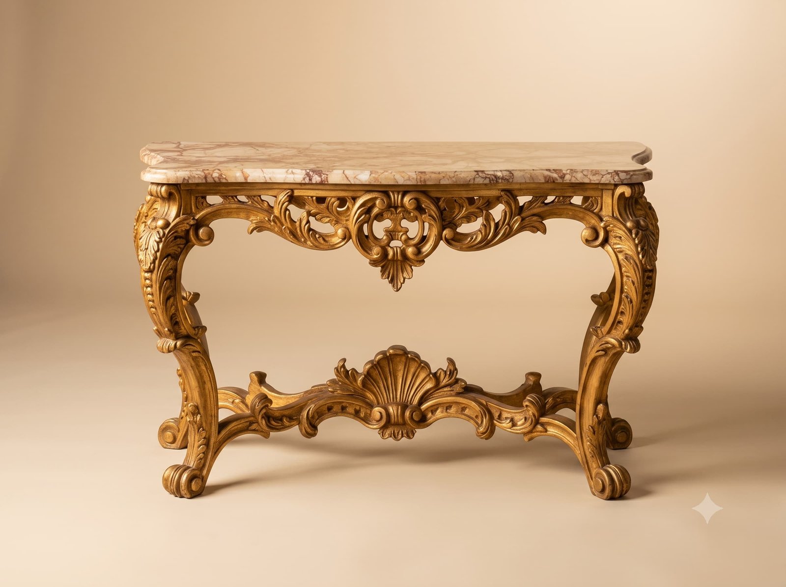 French Console Table in Gilded Teak with Shell Stretcher