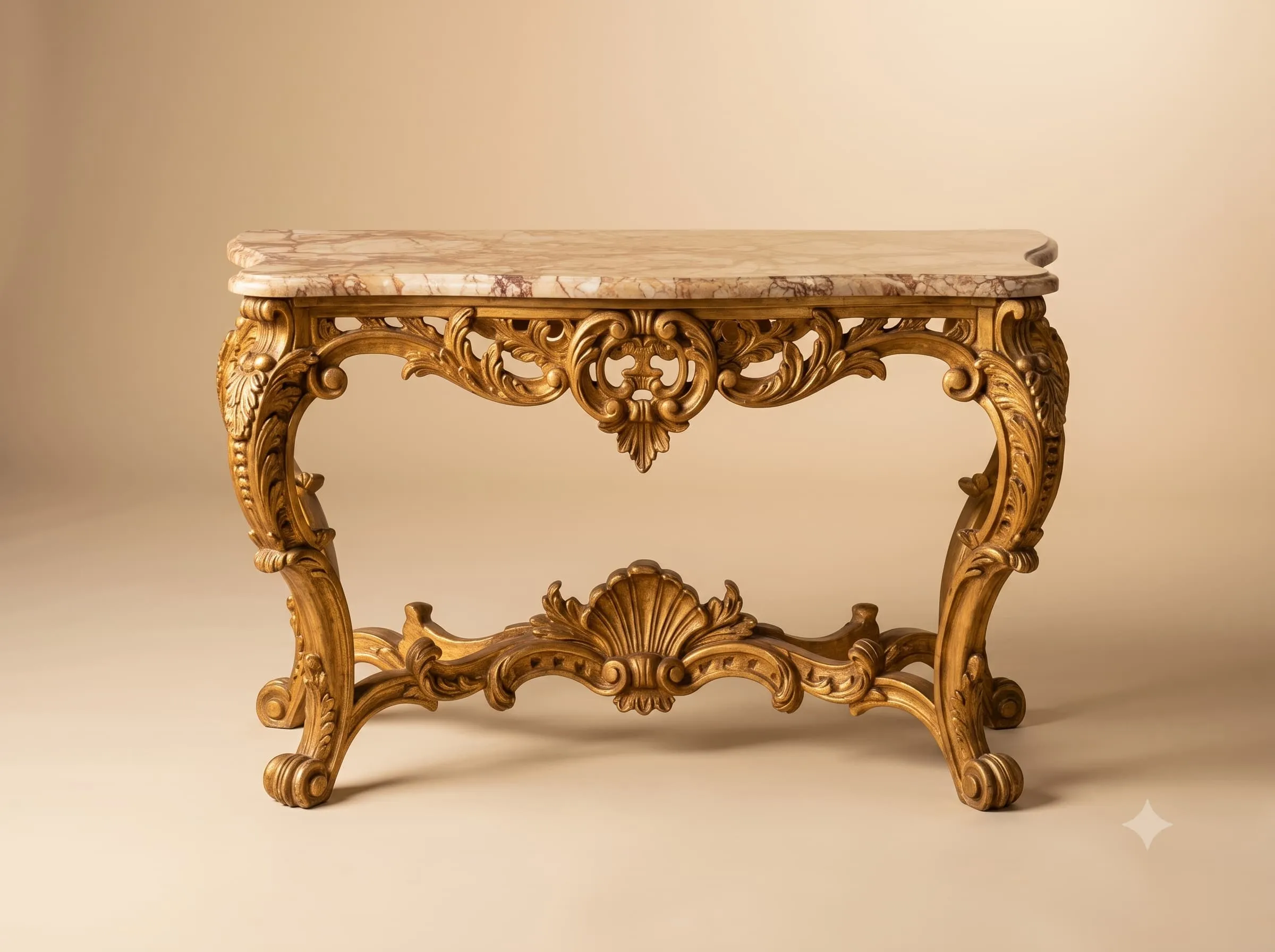 French Console Table in Gilded Teak with Shell Stretcher