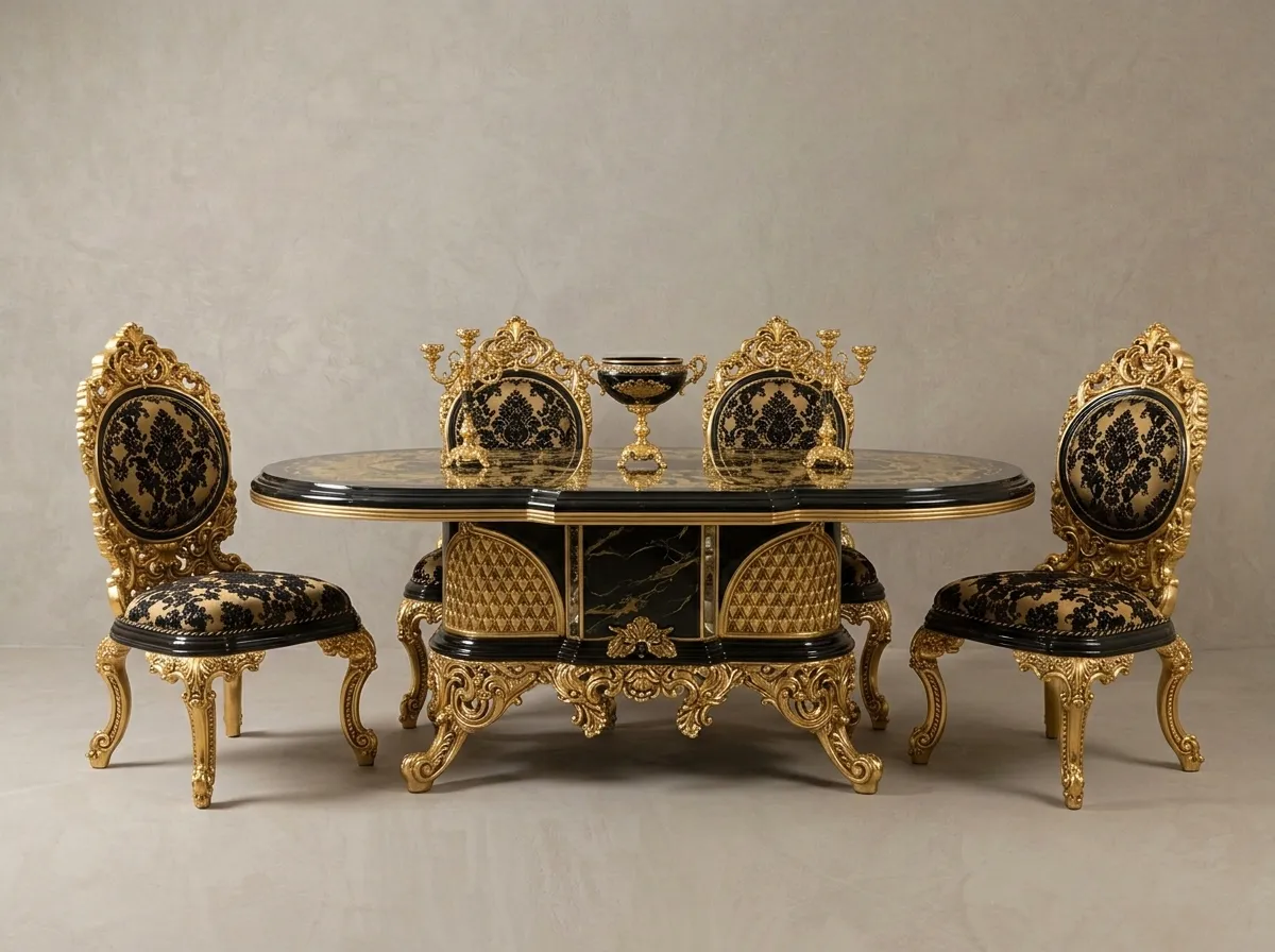 Black and Gold Rococo Handcrafted Teak Wood Oval Dining Table Set | Royal Baroque 4-Seater Dining Set with Carved Damask Chairs