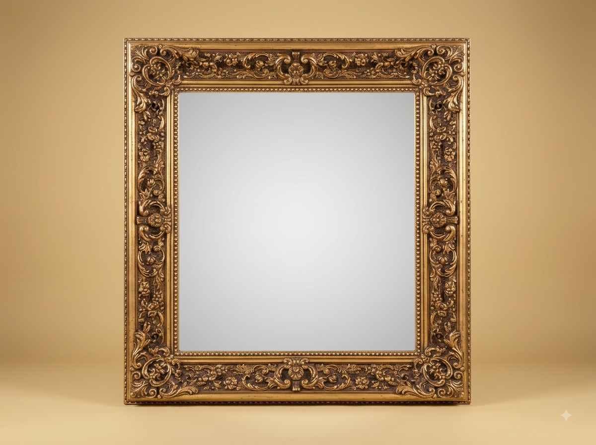 Hand-Carved Teak Wood Deep Border Wall Mirror | Gold Foliate Corner Frame