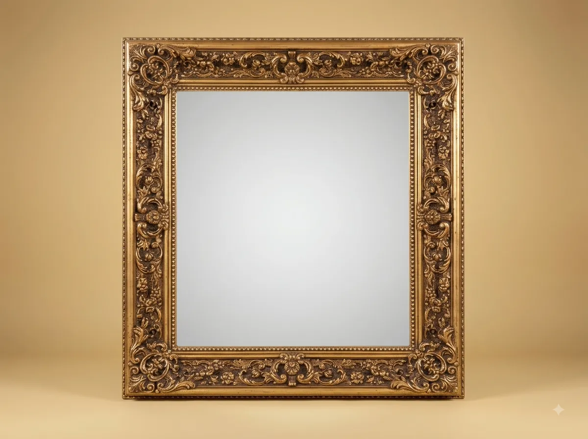 Hand-Carved Teak Wood Deep Border Wall Mirror | Gold Foliate Corner Frame