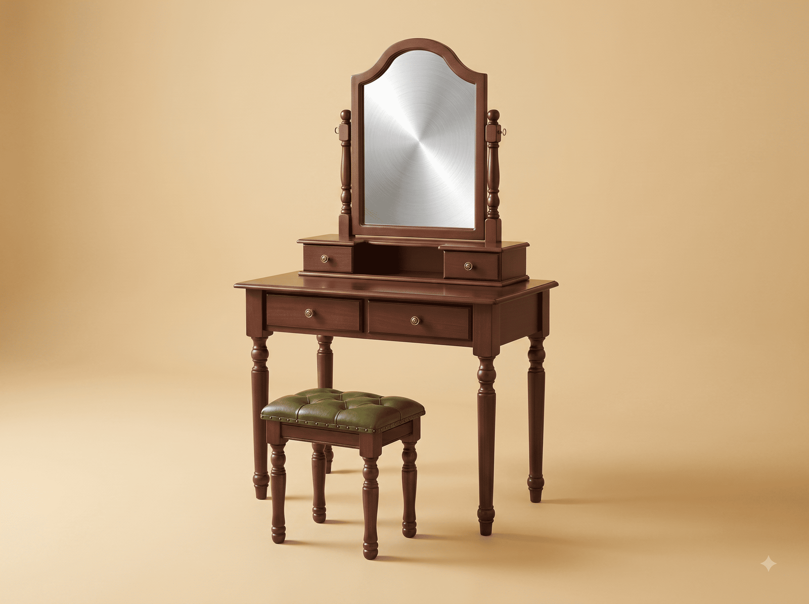 Simple Dressing Table in Solid Teak - Arched Swing Mirror with Leather Stool