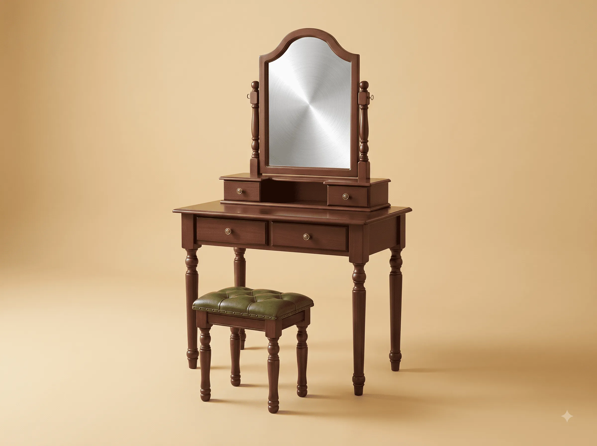 Simple Dressing Table in Solid Teak - Arched Swing Mirror with Leather Stool